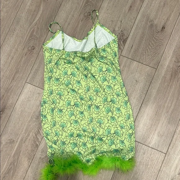 Green and Blue Patterned Dress with Feather Trim - Picture 4 of 4